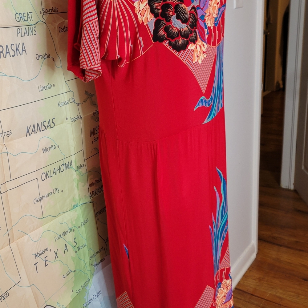 Lizzy & Johnny Silk Dress Red With Floral Asian Print Side Slit Slit Sleeves - Picture 4 of 16